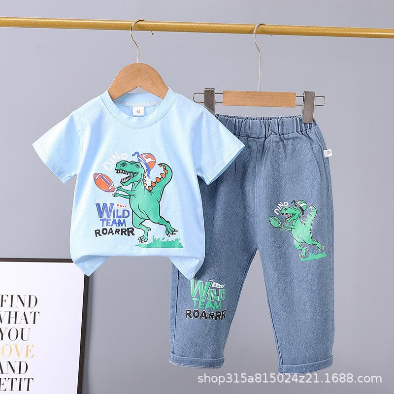 Summer new arrivals: toddler & kids' denim pants & cartoon print short sleeve two-piece set - multiple styles available