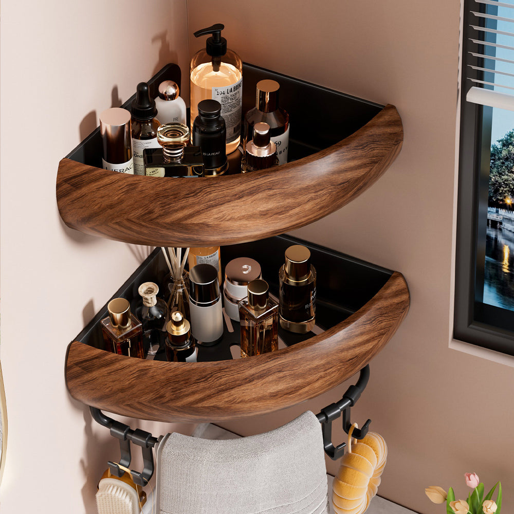 Walnut wood chinese style bathroom corner shelf - no drilling required - hand wash, toilet, and shower gel organizer