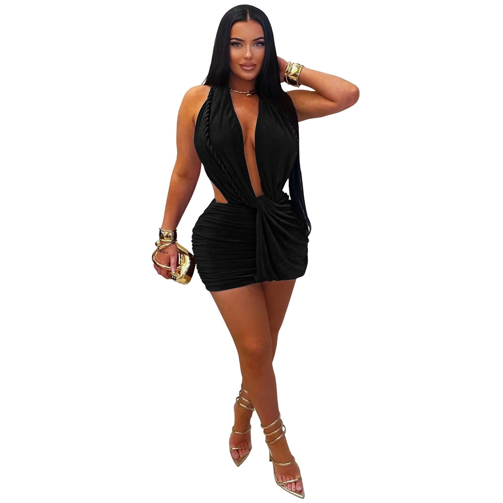 C7771 cross-border  new women's sexy deep v halter bodycon mini dress nightclub hot girl solid color dress