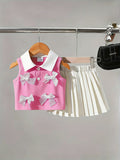 cross-border hot seller: girls' color block polo tank top and pleated skirt set with 3d bow two-piece outfit