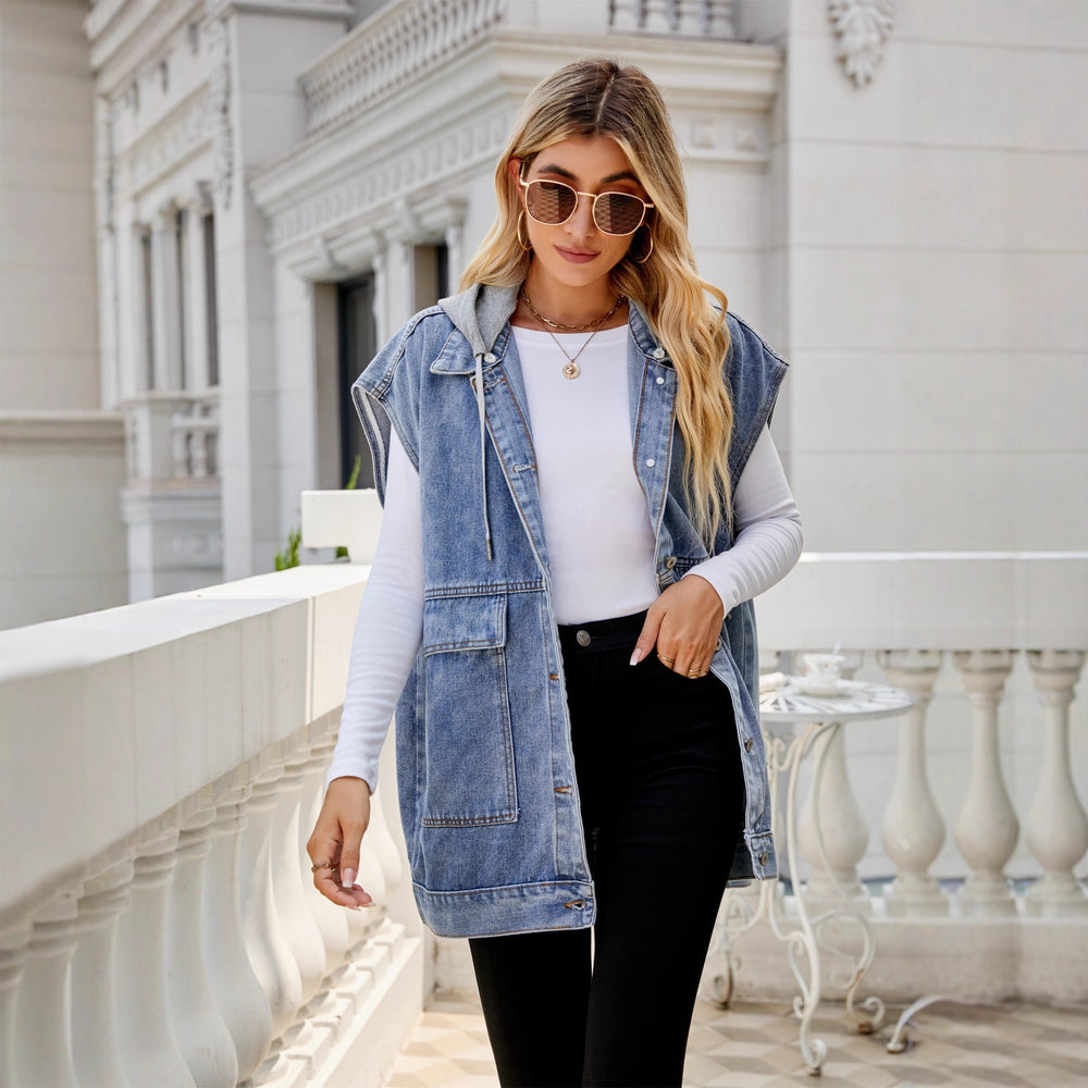 new arrival denim vest waistcoat women's fashiontrendy denim sleeveless vest hooded detachable