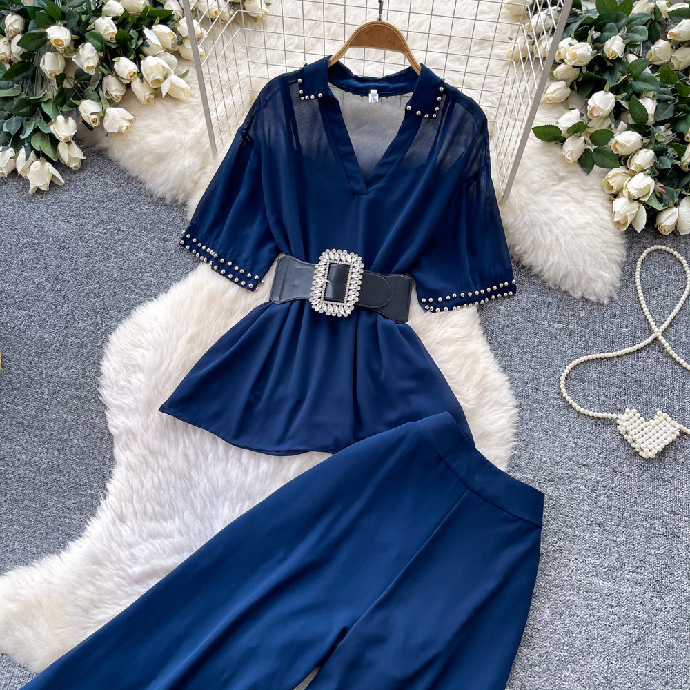 Lightly mature style, age-reducing and lazy feeling two-piece set women's summerstuds decorative waist topshigh waistloose pantssuit