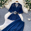 Lightly mature style, age-reducing and lazy feeling two-piece set women's summerstuds decorative waist topshigh waistloose pantssuit