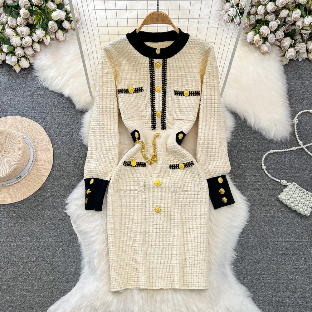 Autumn winter xiaoxiangfeng celebrity elegantcontrast colorlong sleeves round neck waist slimming look longa word knittingdress