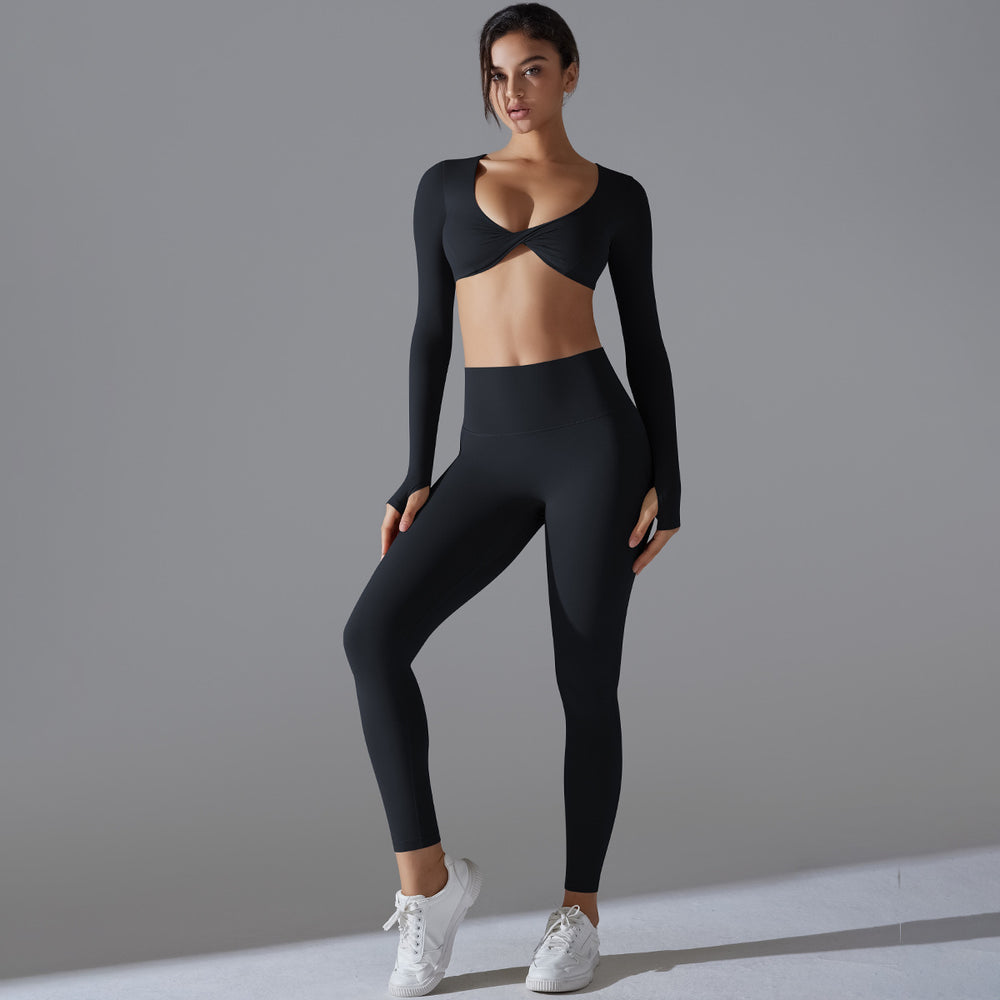 New solid color seamless underwear double-sided nylon long sleeve activewear yoga set - high elasticity, tight fit, anti-odor gym & yoga apparel