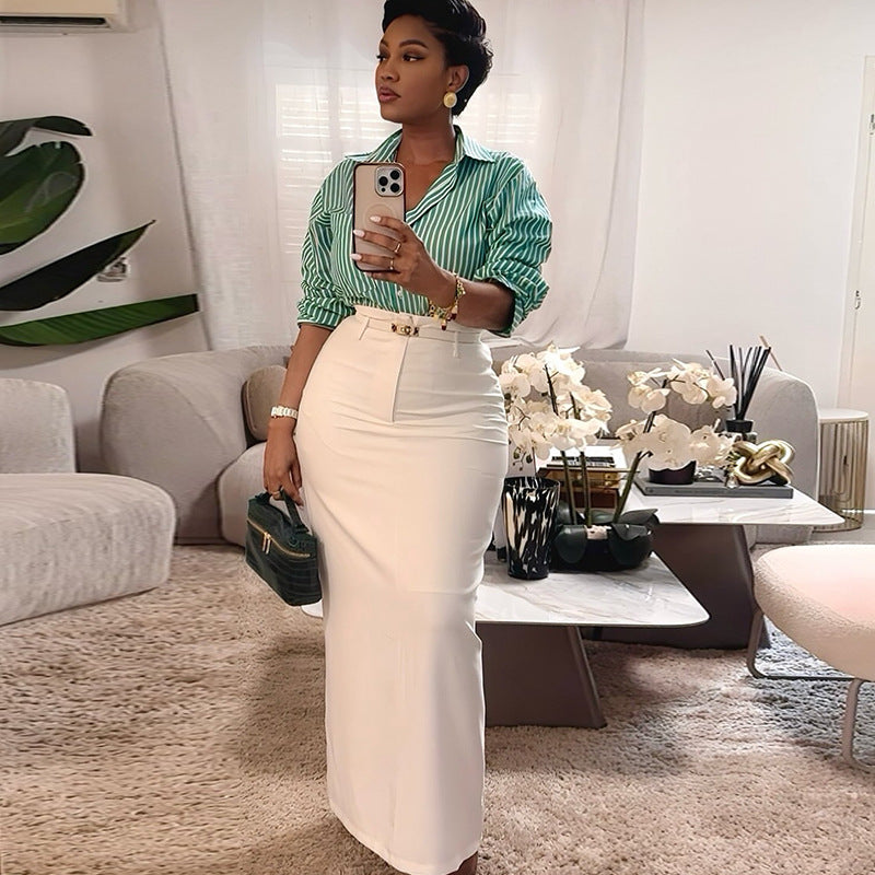 European and american cross-border women's fashion:  autumn new collection - stylish green striped long-sleeve shirt and high-waisted midi skirt set