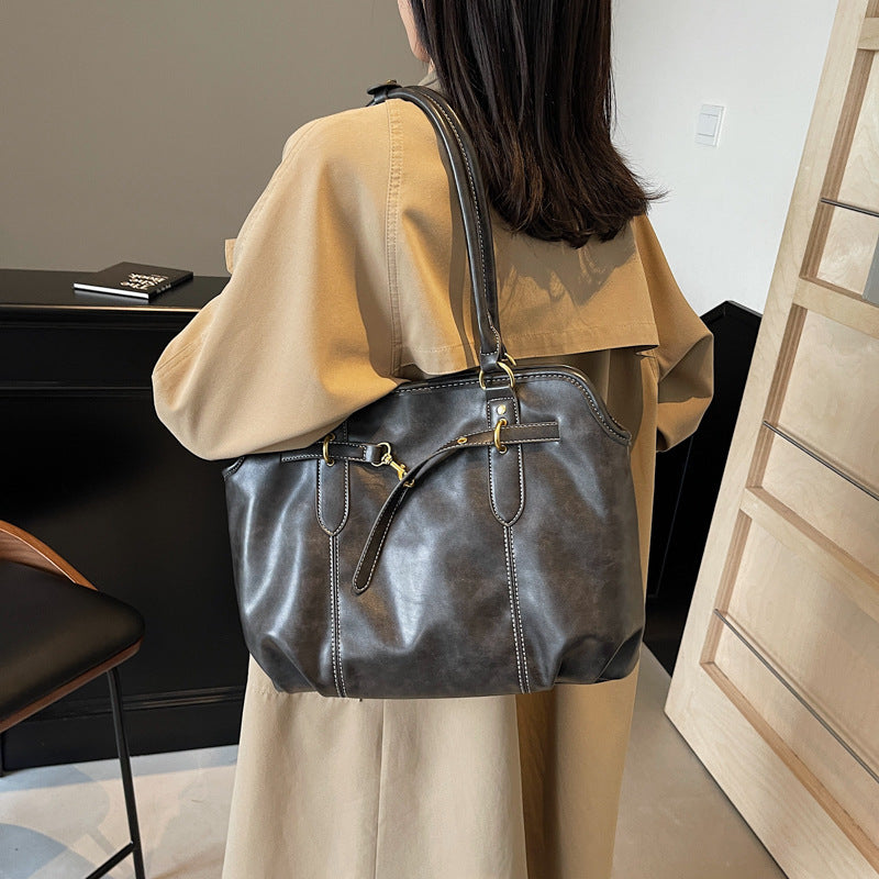 Retro lazy sense, briefcase bag, women's large-capacity texture, solid color, simple and popular foreign-style portable shoulder tote bag