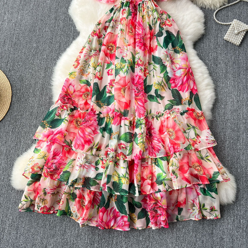 Light mature style women's resortdress2024summernew arrival waistelegant drape large swing floral chiffon skirt