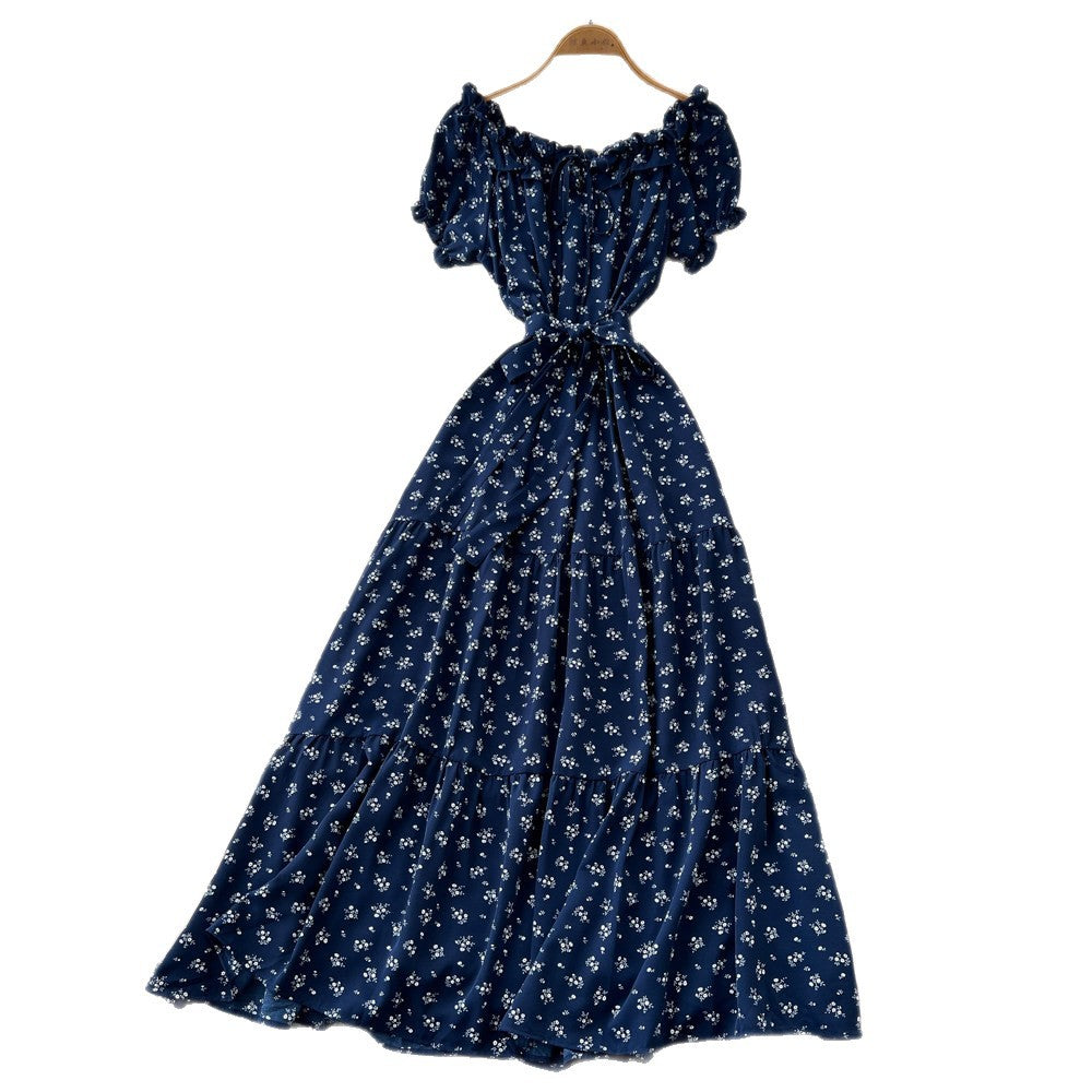 French chic red floral dress - women's summer korean style ruffle hem a-line maxi dress - slimming and figure-flattering
