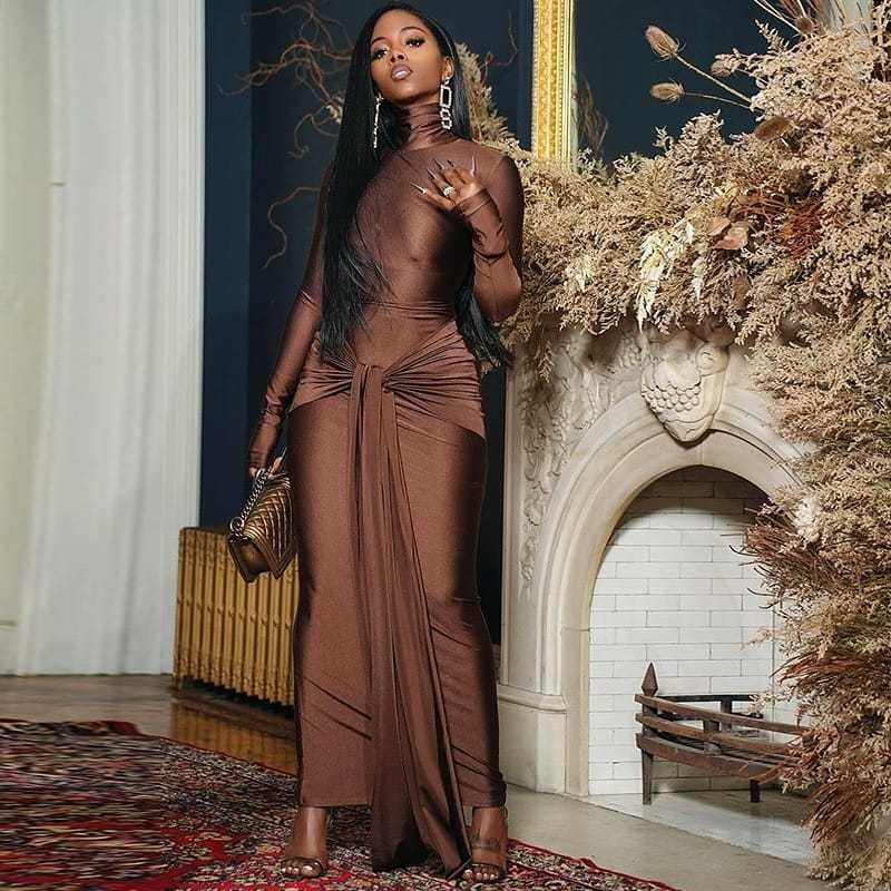 European and American new solid color sexy slim-fitting turtleneck long-sleeved lace-up streamer hip-wrapped dress women's clothing