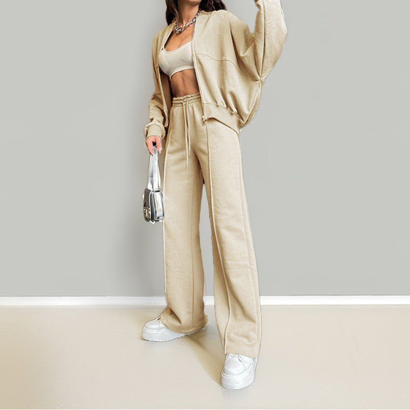 cross-border e-commerce women's fashion: european and american summer new arrivals - solid color zip-up cardigan sweatshirt, stylish casual outfit set