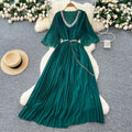 French-style embellished v-neck lace patchwork midi dress with ruched detail and tie-waist – women's loose-fit maxi dress
