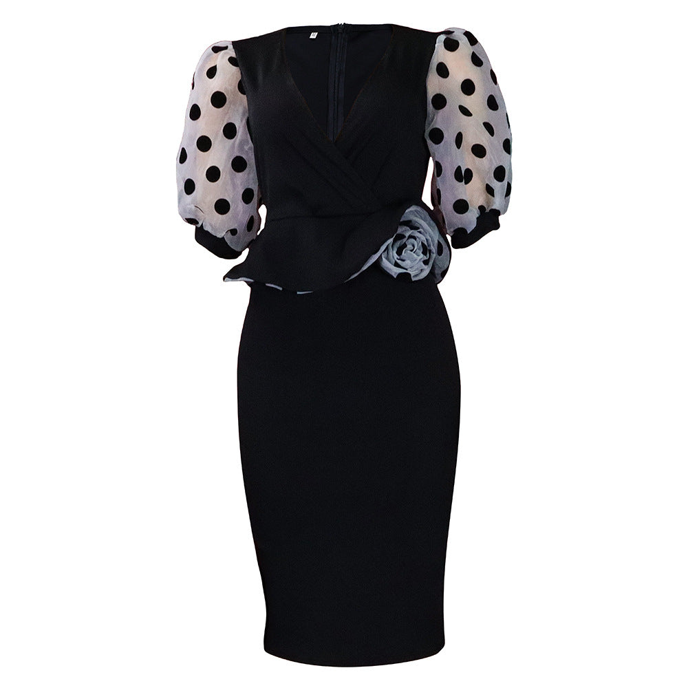 Amazon fashion cross-border women's clothing patchwork polka dot printing puff sleeve pencil ol plus size foreign trade dress