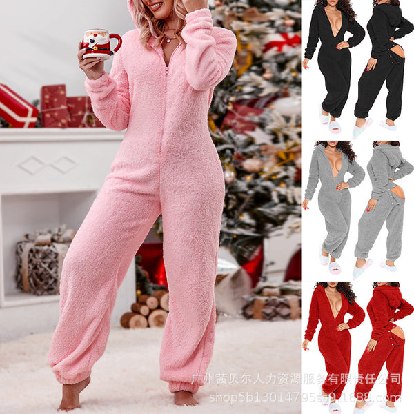 XH8021A series autumn and winter long-sleeved hooded trousers plush loungewear pajamas jumpsuit (flip button)