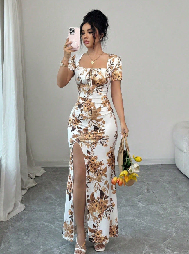 Women's summer  new arrival: bubble sleeve v-neck fitted waist slimming elegant mermaid maxi dress - french polka dot style