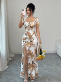 Women's summer  new arrival: bubble sleeve v-neck fitted waist slimming elegant mermaid maxi dress - french polka dot style