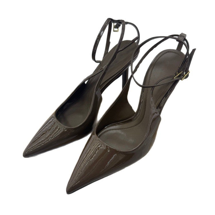 Spanish women's shoes 2025 summer new arrivals: nude stiletto sandals with patent leather effect, pointed toe, open back, and high heels