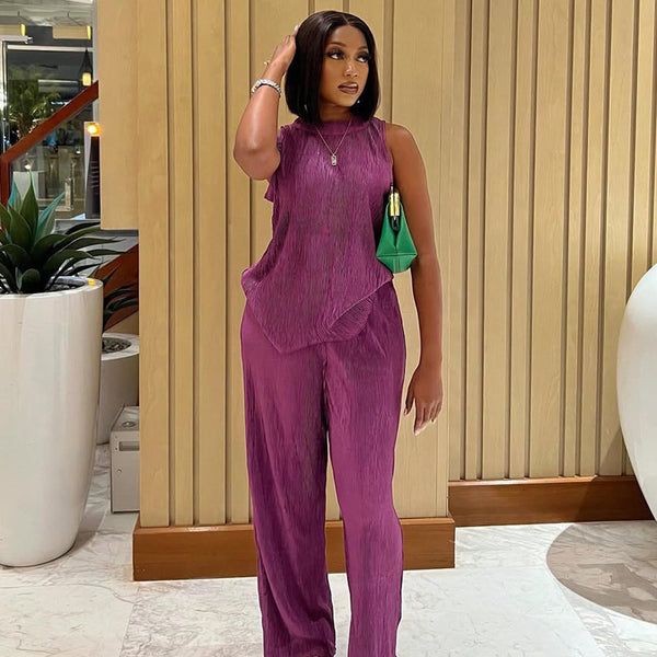 Summer European and American    fashion sleeveless top wide-leg trousers two-piece set African suit women's clothing