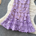 Light mature style work clothinglacecut outdress women's summer short-sleeved high waistsexya-line skirt blueelegant long skirt