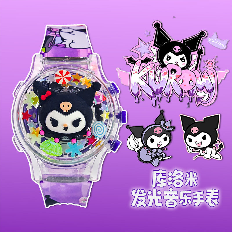 Kids' gift girls' electronic watch - stellalou, kuromi, hello kitty glitter luminous music flip cover rotating watch