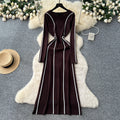 Frenchclassy niche stylefashioncontrast color side patchwork waist round neck long sleevessweaterdress women's slimming look long skirt