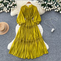 Frenchretro lantern sleeve pleateddress women's waist slimming lookk-style a-line long skirt lady style layered long skirt
