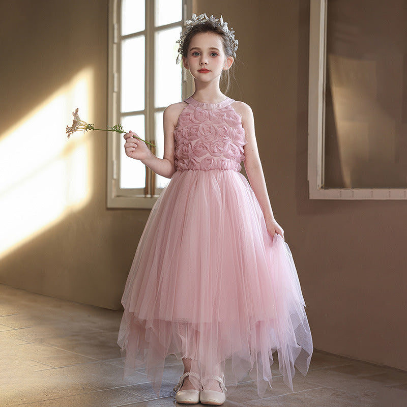 Children's dress with asymmetrical mesh skirt, elegant and high-end girls' princess dress, halter neck, sleeveless, european and american style, custom-made