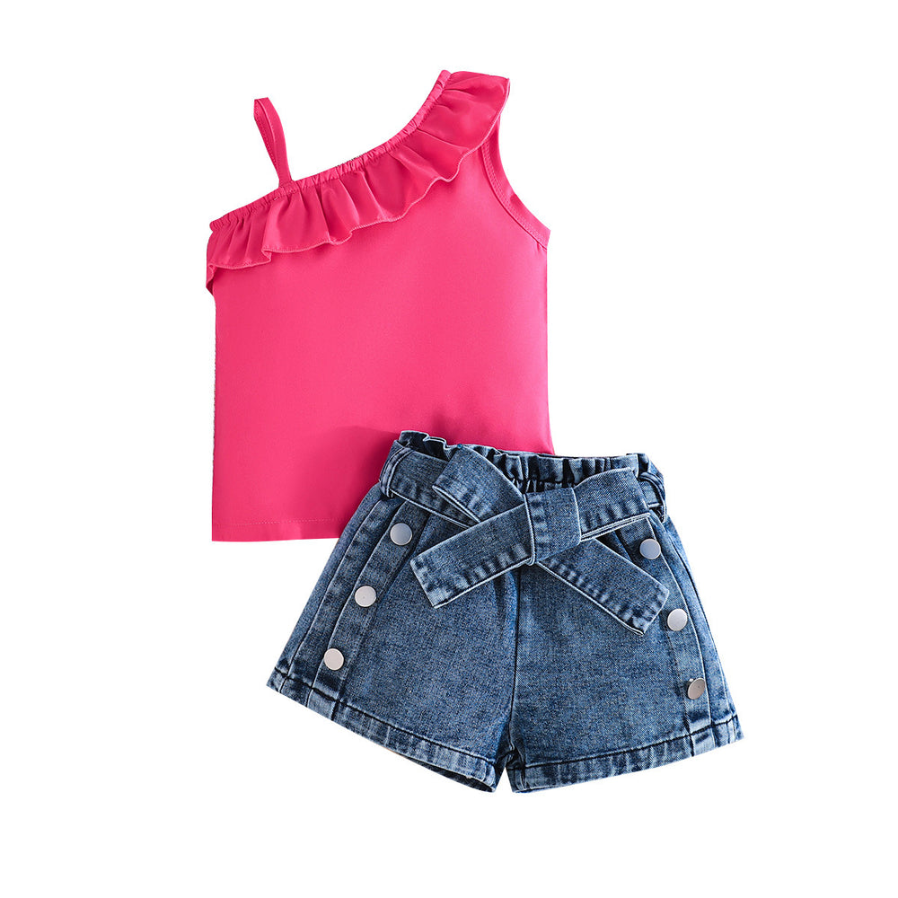 new cross-border fashion: european and american summer girls' one-shoulder cami top + denim butterfly shorts three-piece set