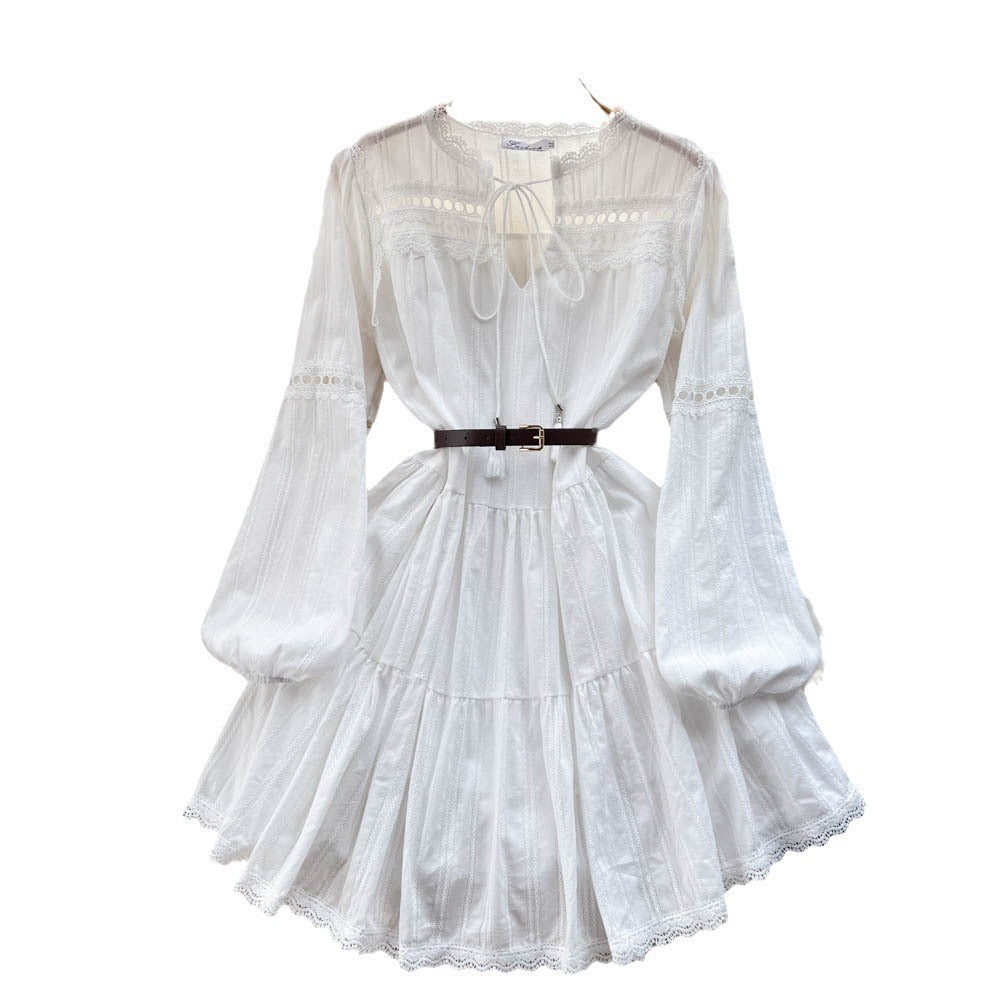 Spring lace cut out waist doll princess dress women's long sleeves whitedress women's niche style vacation style fairy dress