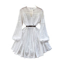 Spring lace cut out waist doll princess dress women's long sleeves whitedress women's niche style vacation style fairy dress