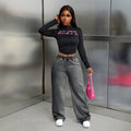 Fashionjeans women's distressed washed elastic waiststraight-legcasualjeansfashion style lazy wide leg pants