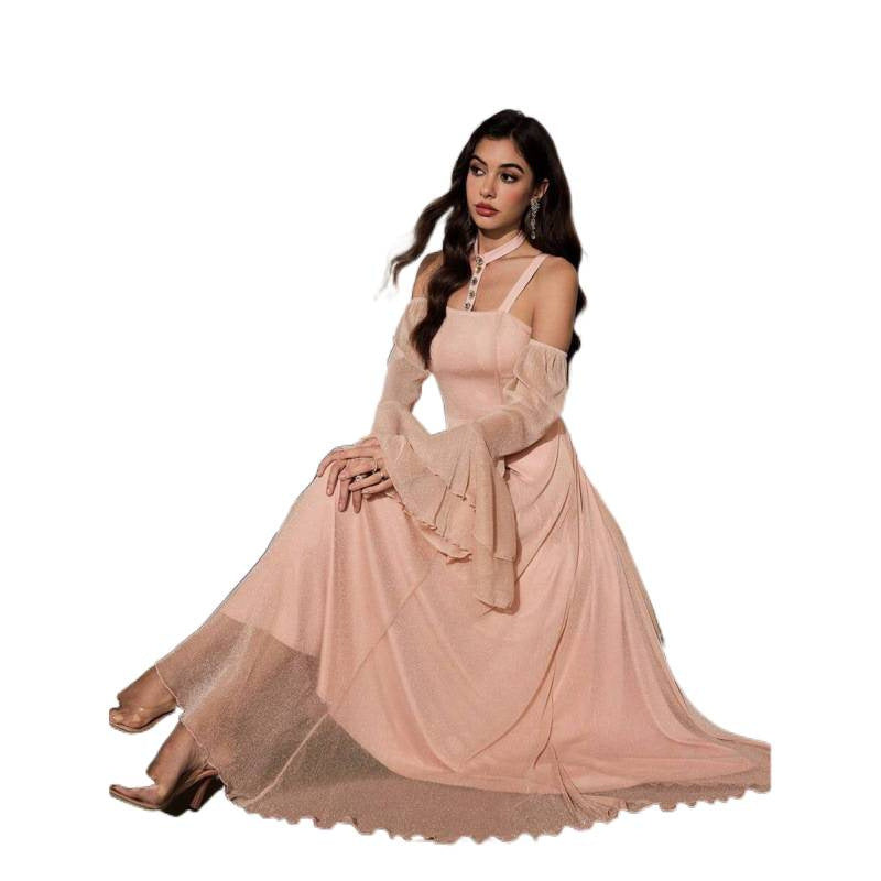 Amazon halter neck bell sleeve elegant dress women's  spring new arrival - slim fit waist dress