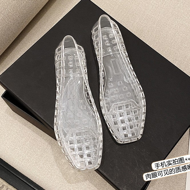 Jelly shoes flatsflats crystal slippers women's 2025new arrivaloutwearcasual square toe flats sandals slippers