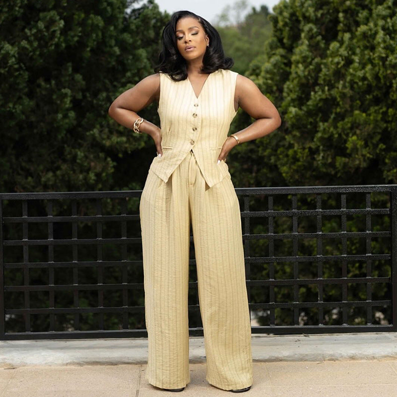 European and american women's clothing  autumn new collection: sweet and fresh striped vest top and high-waisted straight-leg pants two-piece set