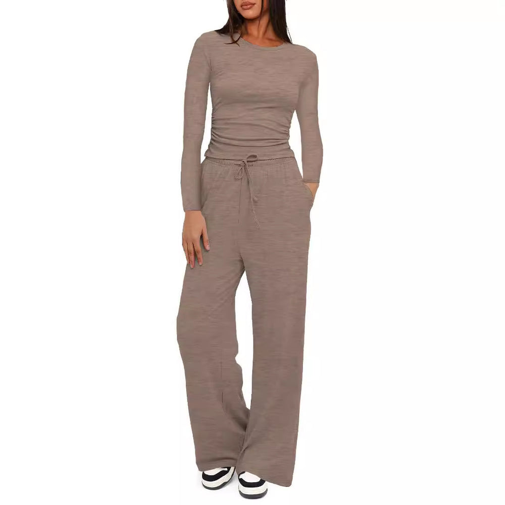 cross-border fashion  new product pure color casuallong sleevessuittopshigh waistloose pants sportswear