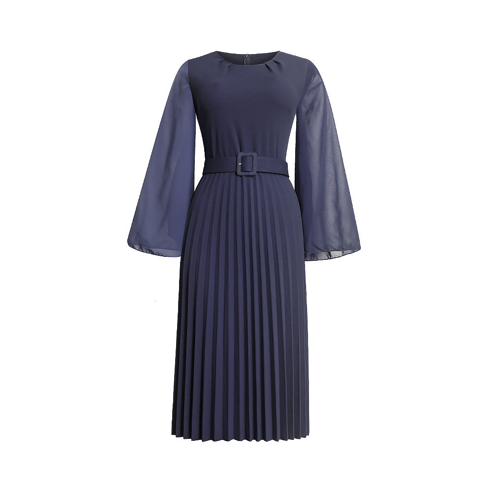 Aliexpress  new long sleeve midi solid color dress african women's plus size pleated skirt with belt