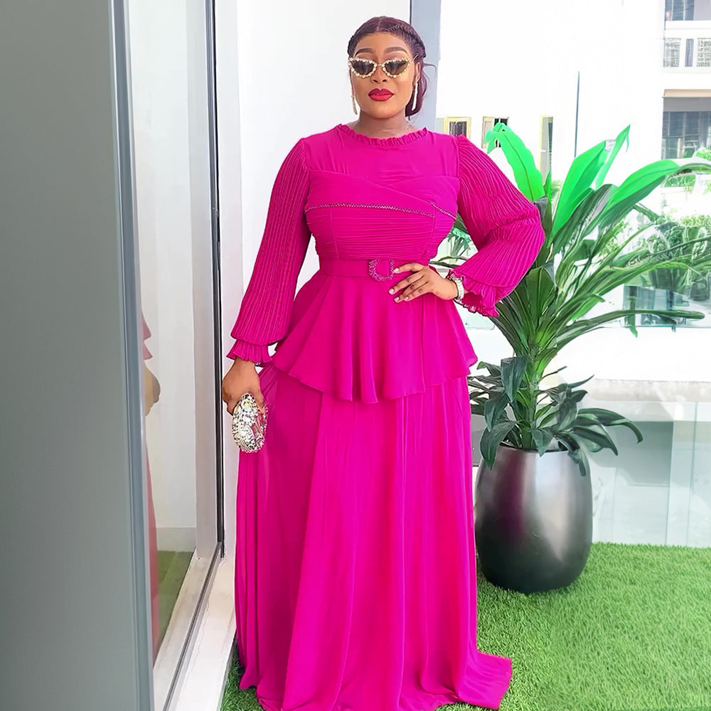 African plus-size women's fashion: european and american style ruffle trim, pleated long sleeve dress - perfect for  & cross-border e-commerce