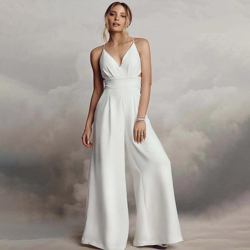 2025 fashion cross-border export new amazon wish sleeveless sling v neck tight hip cover backless jumpsuit