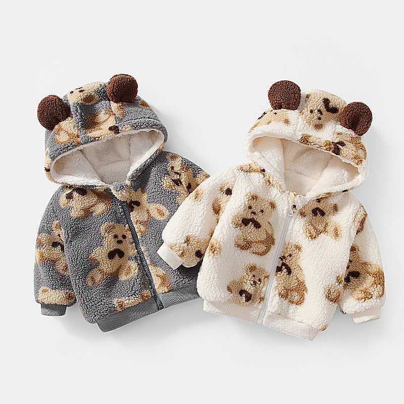 Fleece kids winter new product lambswool bear baby boys and girls children's clothing long sleevesheattechtopsoutwear