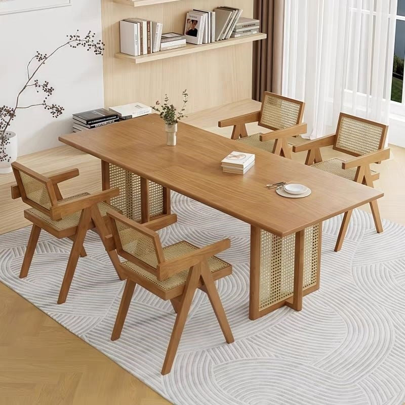 Japanese-style solid wood dining table, small apartment rattan woven table, minimalist rectangular b&b nordic dining table and chair set