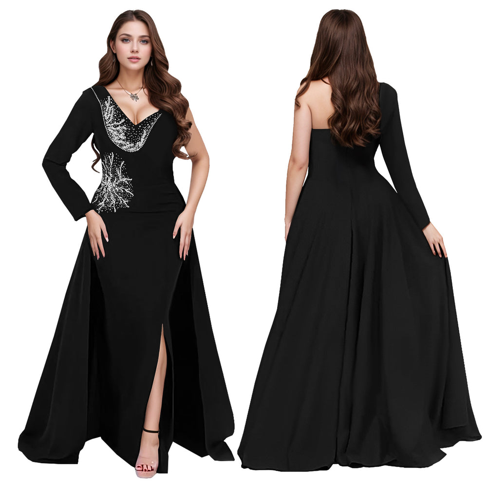 C7296 cross-border e-commerce european and american high-end sexy v-neck rhinestone-embellished long-sleeved slit mermaid dress with full skirt