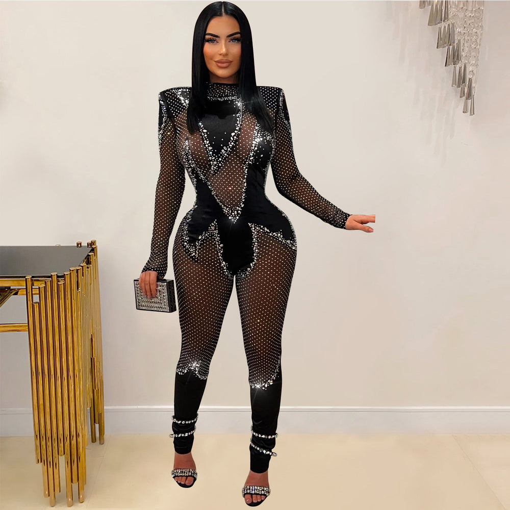 C6886 cross-border   fashion women's solid color mesh rhinestone long sleeve pants jumpsuit