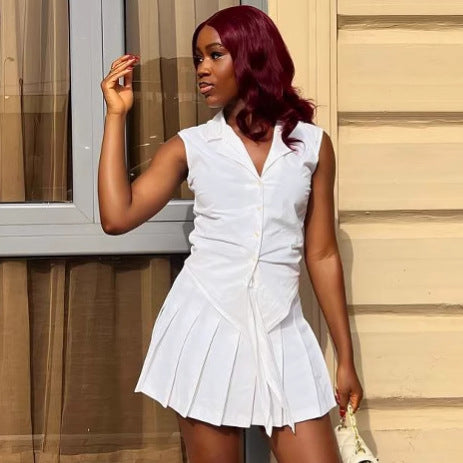 European and American women's clothing sleeveless V-neck design sense irregular shirt pleated skirt African high-end temperament suit women