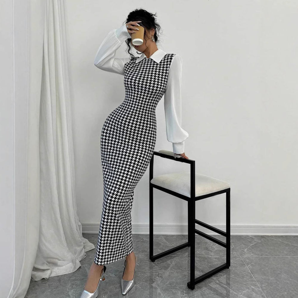Amazon slim-fit bubble sleeve dress - women's tk cross-border houndstooth bodycon maxi dress