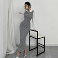 Amazon slim-fit bubble sleeve dress - women's tk cross-border houndstooth bodycon maxi dress