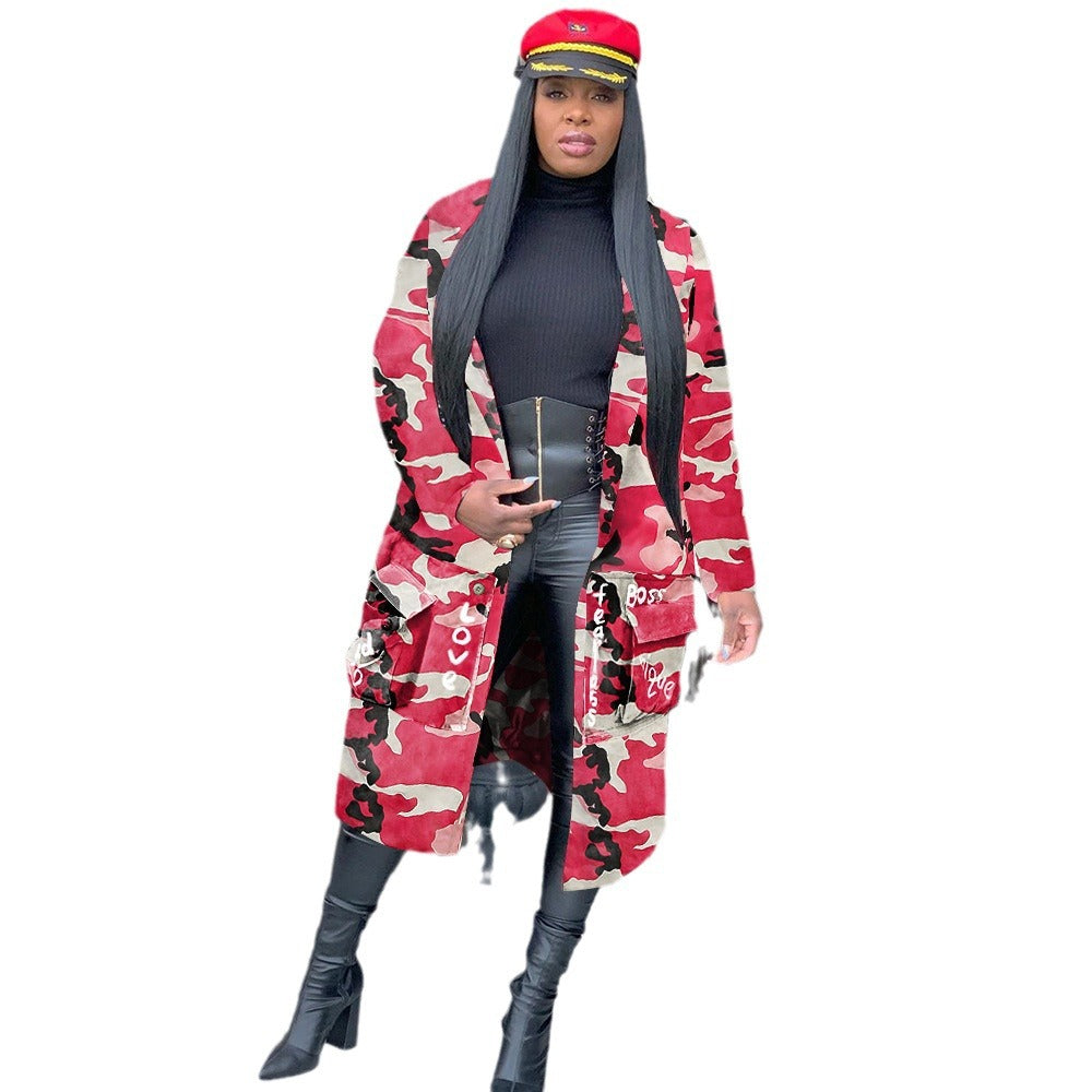 S3726 european and american style long casual fashion camouflage print patchwork jacket for women
