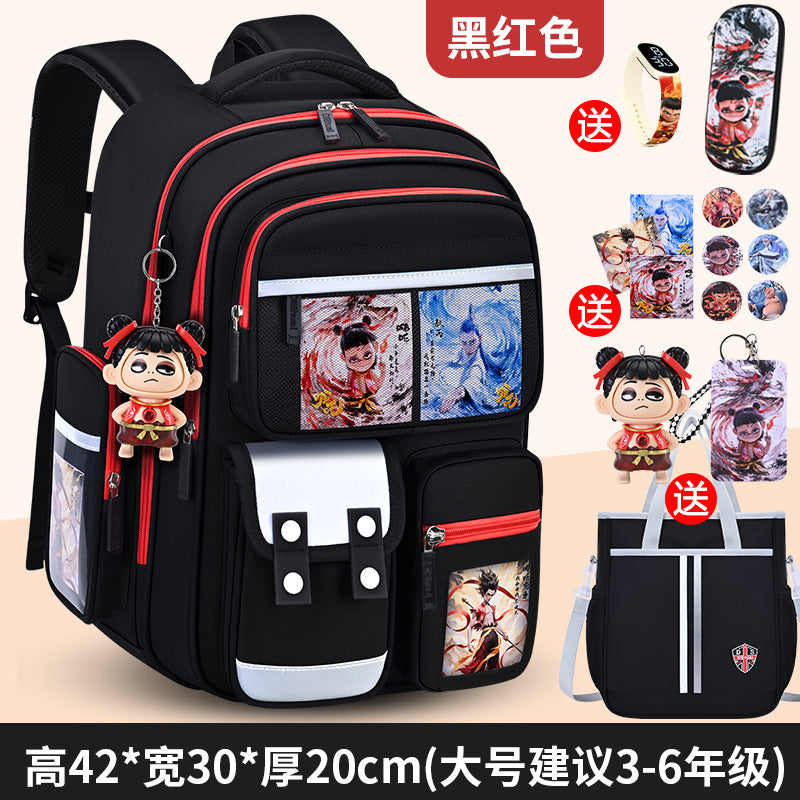 New nezha backpack for boys and girls, grades 1-6: spine protection, lightweight design, and extra-large capacity
