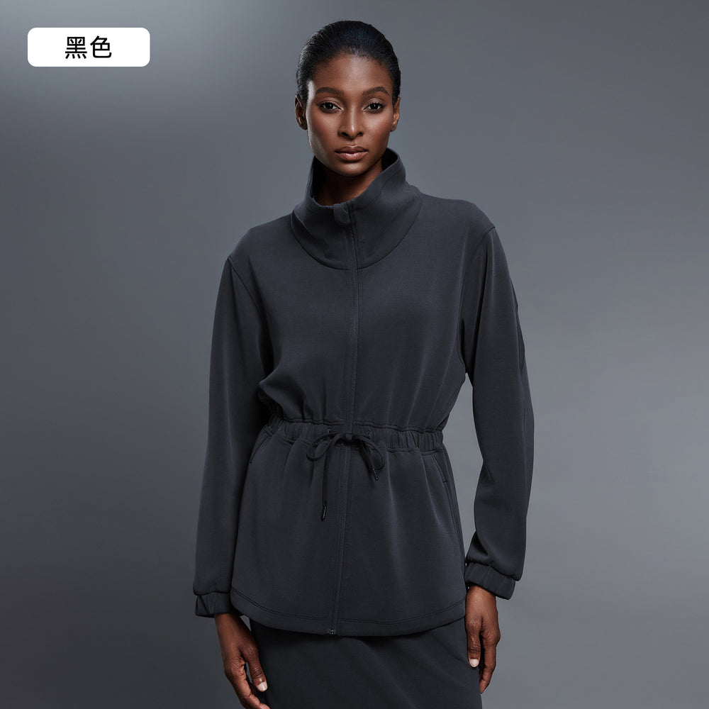 Air layer stand collar mid-length outwear women's drawstring waist jacket casualwork clothing sports windbreaker autumd25137