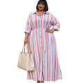 European and american cross-border women's fashion:  summer new arrivals - stylish and elegant striped button-down casual shirt dress (long length)