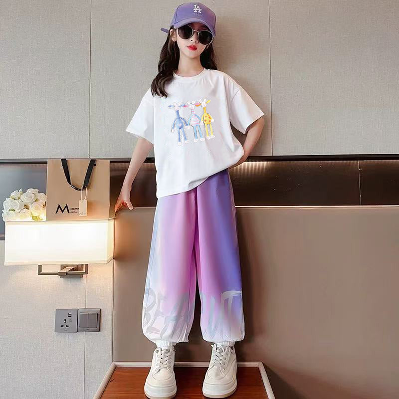 Girls' short-sleeve  summer new collection: long pants & t-shirt two-piece activewear set for girls (mid-to-large size, perfect for sports & school)